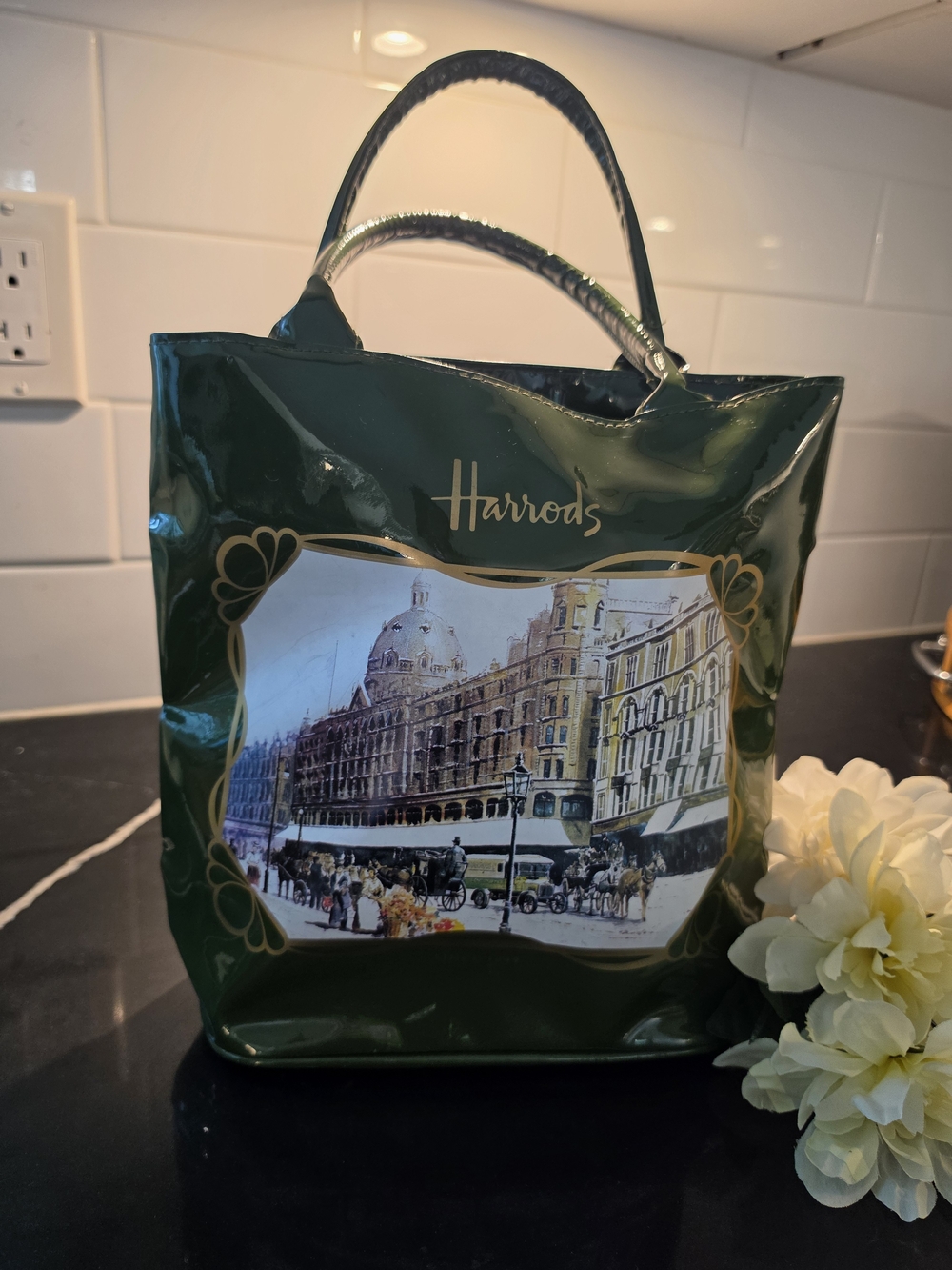 Harrods London Green Glossy Vinyl Tote Bag with Drawstring Liner | Souvenir Hand